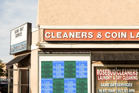 Urban storefront mockup featuring signage for dry cleaners and coin laundry with clear blue sky, perfect for design overlay for marketing.