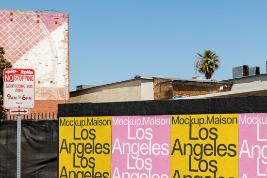 Urban billboard mockups with bold text for Los Angeles themed advertising designs, vivid graphics and editable layered templates for city branding.