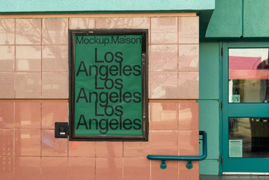 Urban storefront signboard mockup displaying repetitive text 'Los Angeles' for branding and logo presentation, with pastel building facade.