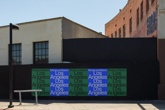 Urban street scene with hoarding displaying stylized font design Mockup Maison for Los Angeles, ideal for graphics and font mockups.