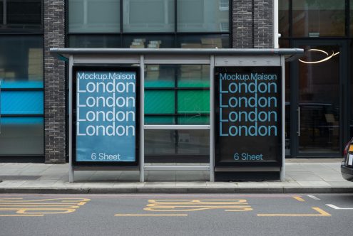 Urban bus stop mockup with sleek design showcasing repeated branding for potential advertising, clear visibility, professional fonts display.