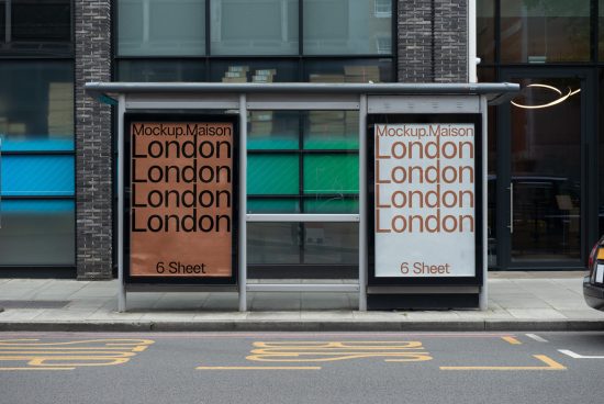 Bus stop billboard mockups showing London text, urban street setting, ideal for outdoor advertising design presentations.