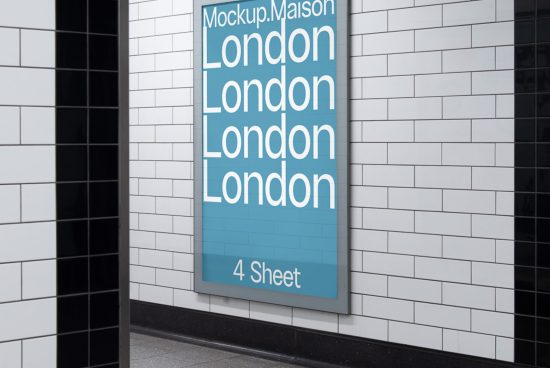 Subway ad mockup on tiled wall for poster design display, featuring 'London' text, ideal for graphic designers and templates.