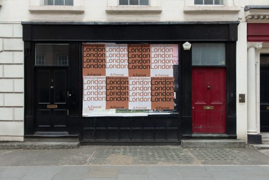 Urban storefront with posters mockup template, classic London architecture with two colored doors, perfect for graphic designs display.