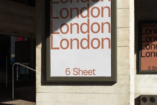 Urban outdoor poster mockup with the word 'London' repeated in modern font, displaying shadow play on building facade, suitable for graphic design.