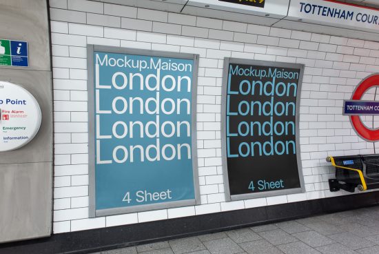 Mockups of advertisement posters displayed in London underground station, ideal for showcasing design projects, subway ad mockup graphics.
