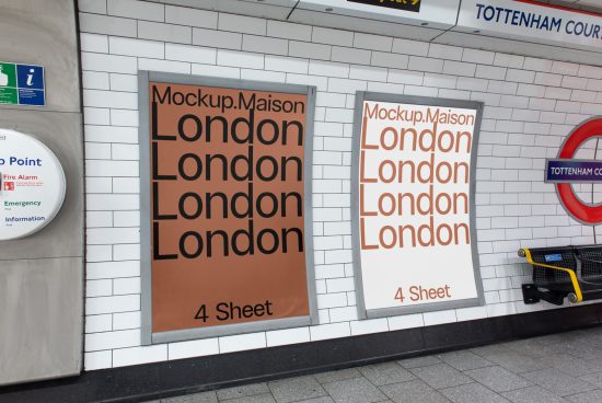 Mockup posters displayed in subway station with typography design, suitable for advertising mockups, realistic presentation, underground ads.