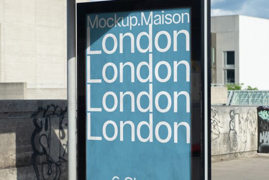 Outdoor billboard mockup with repetitive 'London' text design, showcasing font and display mockup capability for urban graphic presentations.