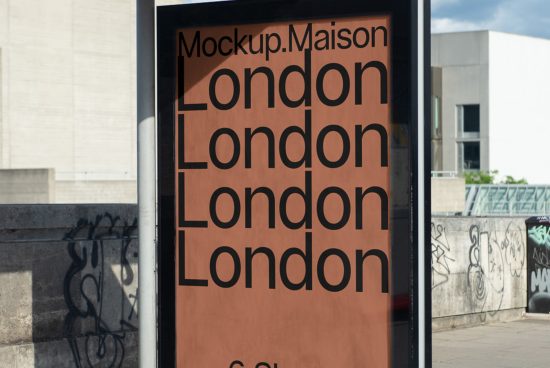 Outdoor advertising billboard mockup in urban setting displaying bold font text "London" for designers and marketers.