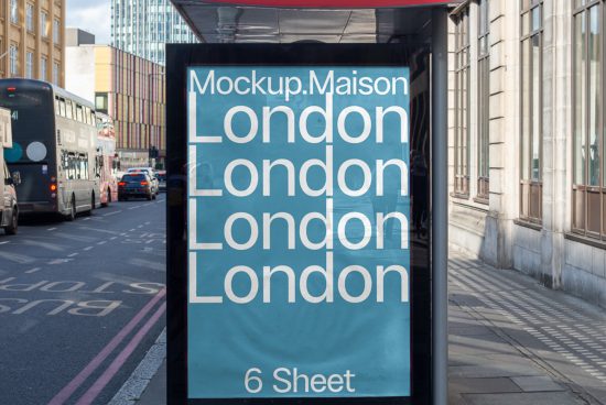 Bus stop billboard mockup displaying repetitive 'London' text in urban setting, with city buses and architecture in background.