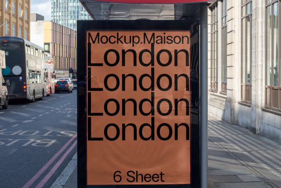 Urban bus stop billboard mockup featuring repetitive text "London", clear view, for graphic design and advertising presentation.