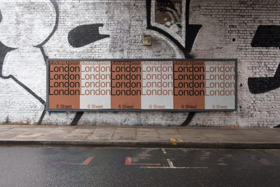 Urban billboard mockup on brick wall with graffiti for outdoor advertising design, London-themed graphics display, suitable for designers.