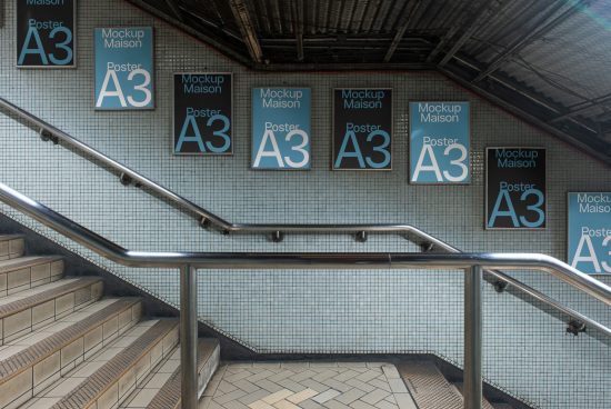 Urban subway station poster mockups displayed on tiled wall for design presentations, featuring A3 poster formats for graphics category.
