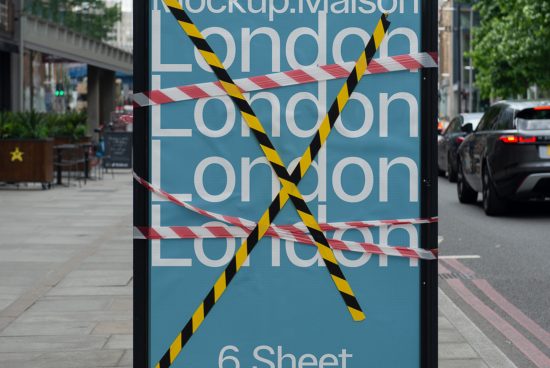 Outdoor poster mockup with diagonal caution tape over advertisement in urban setting, ideal for designers to showcase messaging.