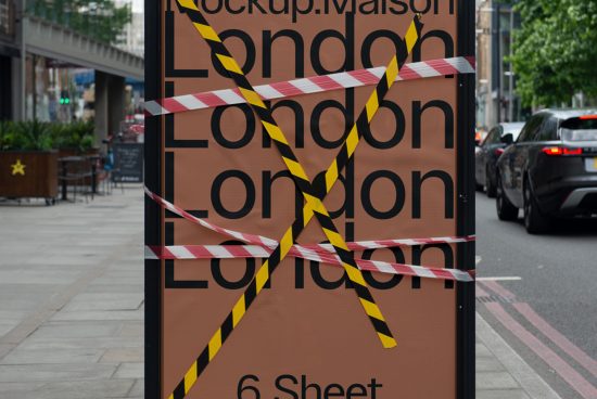 Out-of-service urban billboard mockup wrapped in caution tape with London typography, ideal for designers to display graphic work.