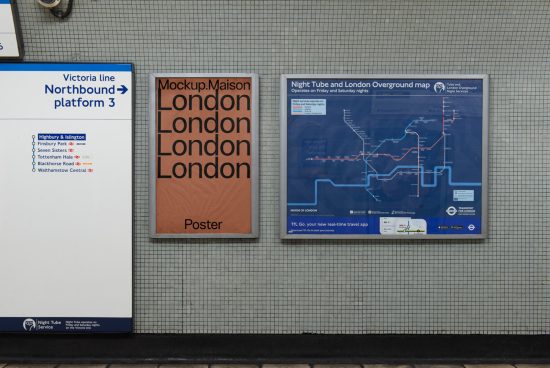 Subway station wall with poster mockup beside informational signs, suitable for graphic designers looking to showcase advertising designs.