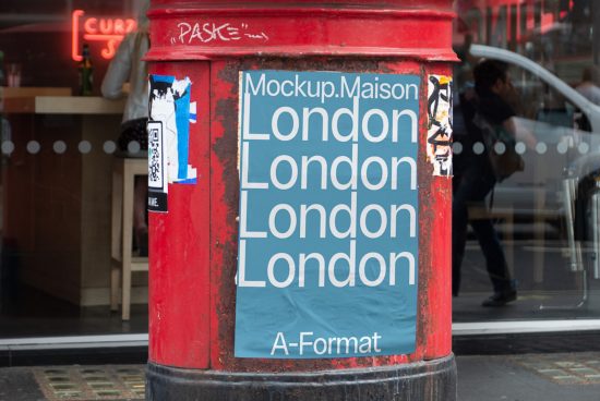 Urban poster mockup on a red cylindrical pillar with London themed text, useful for designers, editable graphics format.