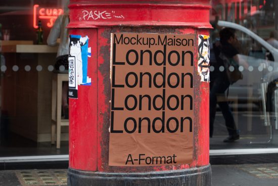 Urban poster mockup on a red cylindrical post with 'London' text multiple times, ideal for designers seeking realistic street mockups.