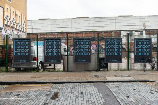 Urban billboard mockup displays on a fence for outdoor advertising template design, London street view with graffiti art.