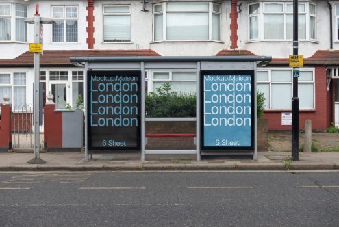 Bus stop advertising mockup on urban roadside with clear text showcasing design space for posters or ads, perfect for mockup graphic resources.