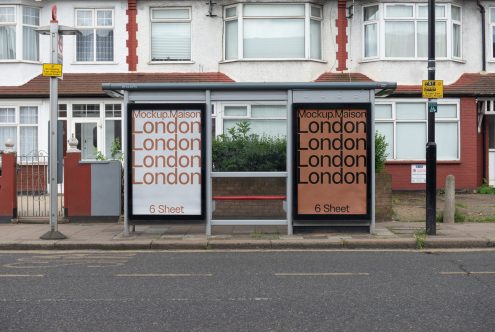 Bus stop billboard mockup in urban setting with editable design, suitable for graphic designers to showcase advertising projects.