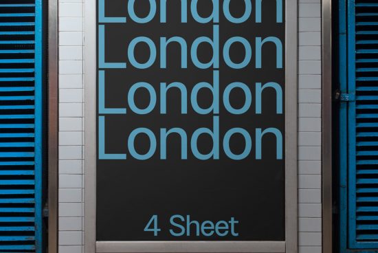 Blue and white bold typography design poster mockup with the word 'London' repeated, against a tiled wall and metal door, urban setting.