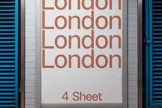 Poster mockup display with repeated 'London' text showcasing font design on urban billboard, suitable for graphic presentation.