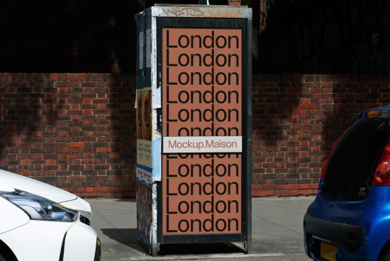Urban billboard mockup displaying repetitive 'London' text on a street corner next to parked cars, ideal for showcasing advertising designs.