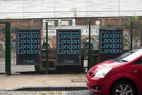 Urban outdoor poster mockup showcasing ads on street fences, with car in foreground, clear for designers' presentations and portfolios.