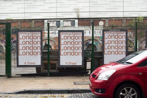 Urban poster mockup on a metal fence in an outdoor setting with a red car in the foreground, suitable for graphic presentations.