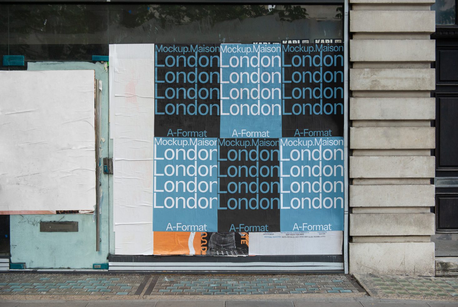 Urban poster mockup on a storefront for designers featuring multiple text overlays, suitable for presenting branding and advertising designs.