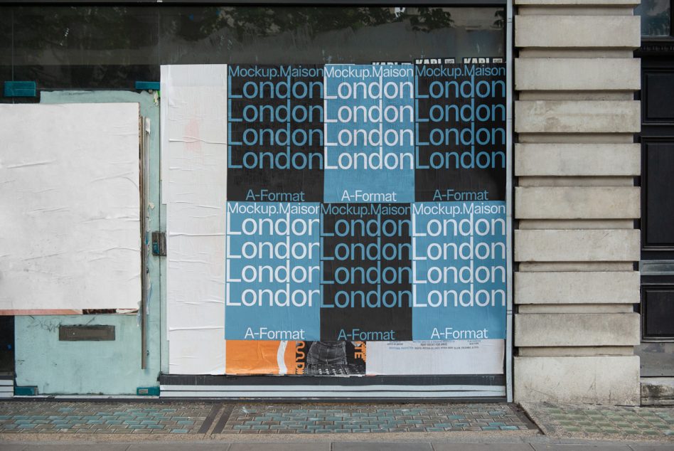Shop window display of stacked London text posters alternating teal dark backgrounds