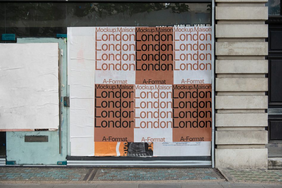 Storefront window mockup showing nine-poster grid with London typography in rust tones