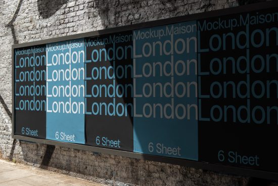 Billboard mockup featuring repetitive "London" text for urban outdoor advertising, placed on a textured wall under sunlight. Ideal for designers.
