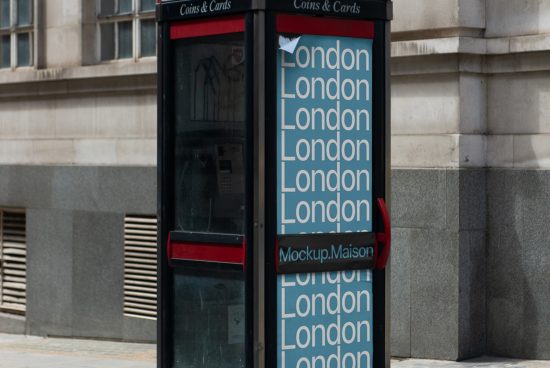 Red London phone booth mockup with ad space on a city street, perfect for designers looking to showcase graphics and typography.