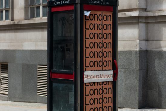 Urban phone booth mockup with London text design overlay for city branding, perfect for designers to showcase advertisement templates.