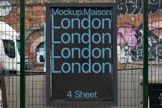 Urban billboard mockup with bold London text for outdoor advertising design presentation, set against a brick wall with graffiti.