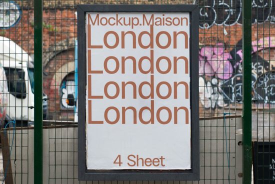 Urban poster mockup on a metal fence with bold typography design, perfect for presenting advertising and font designs.