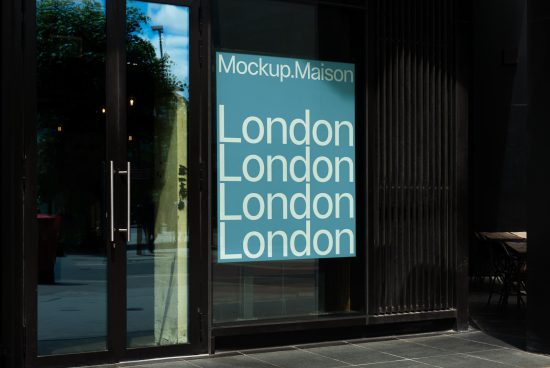 Urban storefront glass door mockup showcasing bold London text design for branding and logo presentations.