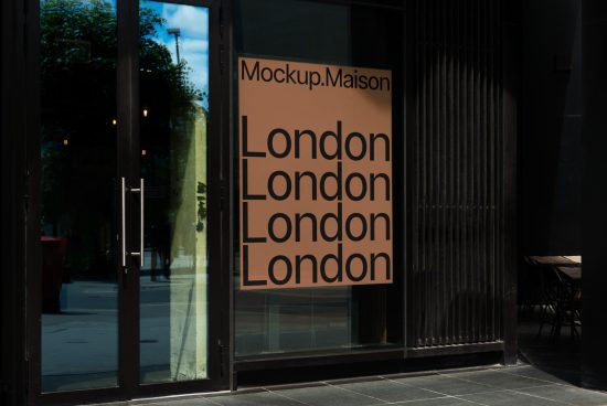 Modern font display on city storefront mockup for urban-themed graphic design projects, featuring sleek typeface and clear window view.