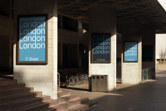 Urban outdoor poster mockups displayed in a well-lit concrete structure with bicycles, for designers, realistic advertising, city mockup graphics.
