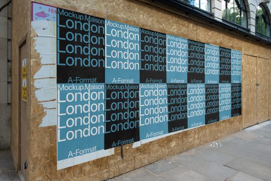 Plywood construction barrier featuring layered street posters with repetitive Mockup Maison and London text, urban, worn graphic design look.