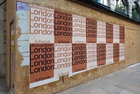 Weathered poster mockup templates on outdoor wooden hoarding with repetitive London text, suitable for urban design projects and graphic displays.