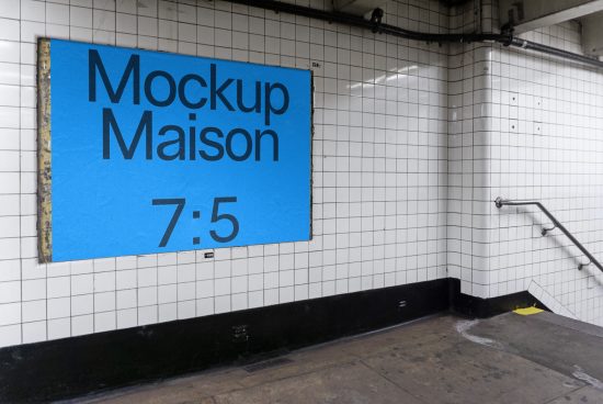 Subway advertisement mockup in a tiled station with a blue sign featuring editable text for design presentations.