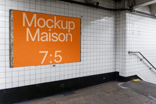 Subway advertisement mockup on tiled wall with orange banner and simple font, suitable for displaying design graphics and branding.