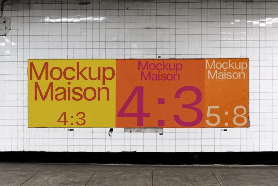 Subway ad mockup posters in vibrant colors on tiled station wall, ideal for urban advertising design templates.