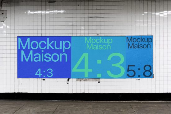 Urban subway poster mockup in a tiled station advertising display, realistic setting for brand designs, downloadable digital asset for designers.