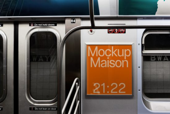 Subway train interior with advertised digital mockup poster, design showcase, urban setting, transit advertising, real-world mockup example.