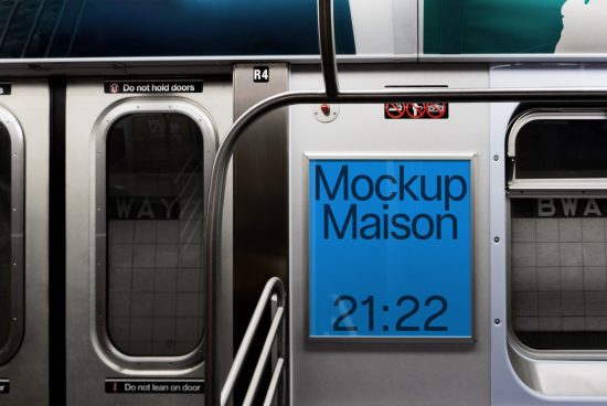 Digital billboard mockup displayed on a subway train, showcasing blue ad design with time, ideal for designers' presentations.