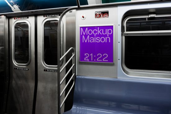 Subway ad mockup in a transit setting showcasing purple poster with digital time display, ideal for designers to visualize branding graphics.